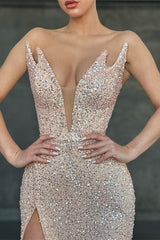 V-Neck Sequins Sleeveless Evening Dress Mermaid With Split