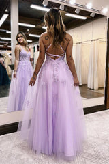 Lilac Long Prom Dress with Spaghetti Straps and Appliques in A-Line Style