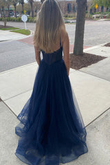 Navy Long Prom Dress with Spaghetti Straps in A-Line Style