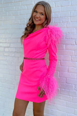 Sparkly Fuchsia One Shoulder Sequined Tight Short Homecoming Dress/Mini Dress with Feathers