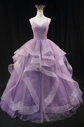 Long Light Purple Prom Dress with Spaghetti Straps and Ruffles in an A-Line Cut