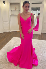 Long Mermaid Prom Dress in Fuchsia with Spaghetti Straps and Criss Cross Back