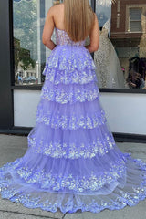 Light Purple Long Prom Dress with One Shoulder and Lace Ruffles in A-Line Princess Style