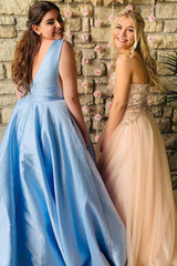 Light Blue Plus Size Prom Dress with Deep V Neckline