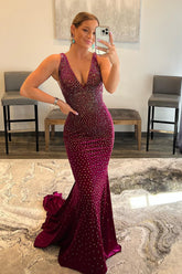 Long Backless Mermaid Prom Dress with Sparkly Fuchsia Sequins