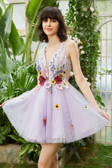 Purple Deep V Neck Open Back Homecoming Dress/Mini Dress With 3D Flowers
