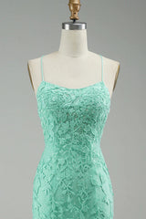 Prom Dress with Mint Spaghetti Straps and Appliques