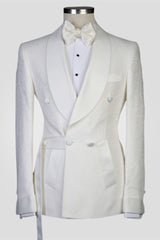 Roy White Jacquard Double-Breasted Shawl Lapel Men's Suits for Wedding
