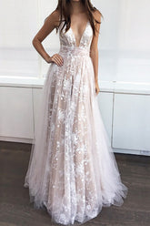 Elegant Long Prom Dress in Champagne with Lace