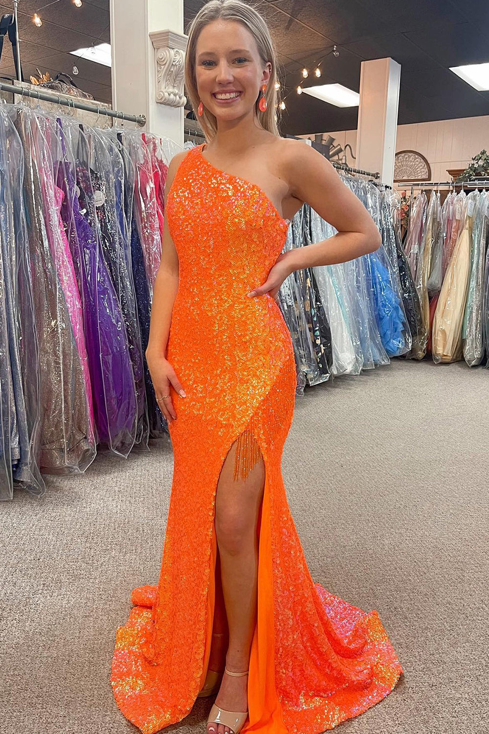 One Shoulder Long Prom Dress with Sparkly Orange Sequins and Fringes in Mermaid Style