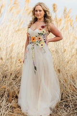 Champagne Long Prom Dress with Spaghetti Straps and Appliques in A-Line Style