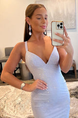 Long White Prom Dress with Sparkly Mermaid Silhouette and Sequined Spaghetti Straps