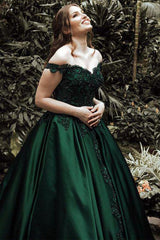 Lace-Trimmed Green Prom Dress with Off-Shoulder Neckline