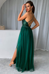 Sequin Party Dress with Green V-neck