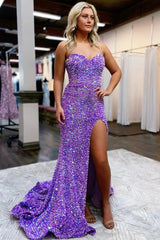 Long Mermaid Prom Dress with Sparkly Purple Sequins and Slit