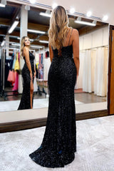 Prom Dress with Black Sequins and Spaghetti Straps