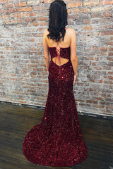 Burgundy Sequined Long Prom Dress with Deep V Neck and Silt in Mermaid Style