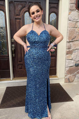 Grey Blue Sequined Plus Size Halter Prom Dress with Front Cut Out and Split