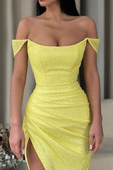 Yellow Long Prom Dress with Sequins Featuring an Off-the-Shoulder Sheath