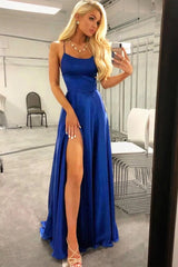 A Line Prom Dress in Royal Blue with Halter and Backless Design