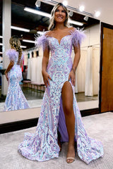 Royal Blue Glitter Mermaid Prom Dress with Feathers and Sequins Off-the-Shoulder Long Gown