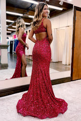 Sequined Burgundy Prom Dress featuring a One-Shoulder Design and High Slit