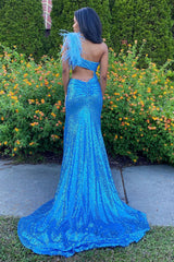 Blue Sequined Long Prom Dress with Feather - Sparkly Mermaid One Shoulder Design