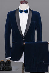 Elegant Navy Blue Shawl Lapel Velvet Two-Piece Prom Best Man Tuxedos