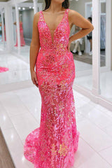 Elegant Fuchsia Mermaid Gown with Deep V Neckline and Open Back