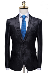 Stylish Notched-Lapel Two-Button Men's Suits with Floral Jacquard (Black Wedding Tuxedo)