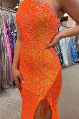 One Shoulder Long Prom Dress with Sparkly Orange Sequins and Fringes in Mermaid Style