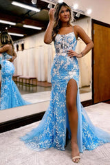 Blue Long Prom Dress with Mermaid Spaghetti Straps and Appliques