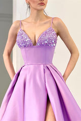 Lavender A-Line Spaghetti-Straps Sequins Evening Dress With Split