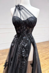 Black One-Shoulder A-Line Prom Corset Dress with Appliques