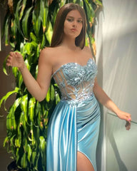 Sky Blue Mermaid Sweetheart Split Sleeveless Evening Dress Satin Ruffle with Beads