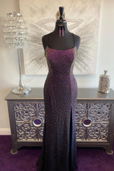 Mermaid Prom Dress in Dark Purple with Lace-Up Back and Beading