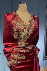 Burgundy Mermaid Long Sleeves Beads Ruffles Evening Dress With Appliques
