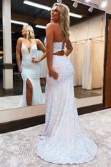 Royal Blue Sequined Long Prom Dress with Spaghetti Straps and Slit Mermaid Style