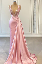 Elegant Pink Halter Sleeveless With Sequins Evening Dress