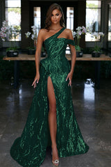 Ocean Blue Off-the-Shoulder Slit Evening Dress With Gorgeous Sequins