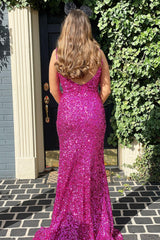 Fuchsia Sequined Long Prom Dress with Mermaid V Neck