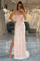 Elegant Pink Long Prom Dress with Chic Mermaid Silhouette and Criss Cross Back Spaghetti Straps