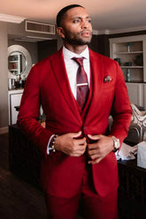 Classic Red Velvet Peaked Lapel Three-Piece Men's Suits for Weddings