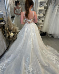 Beautiful A-line Lace Spaghetti Straps Sleeveless White Wedding Dresses