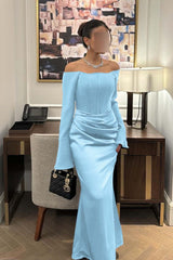 Strapless Long Sleeves Mermaid Long Formal Dress With Pleated