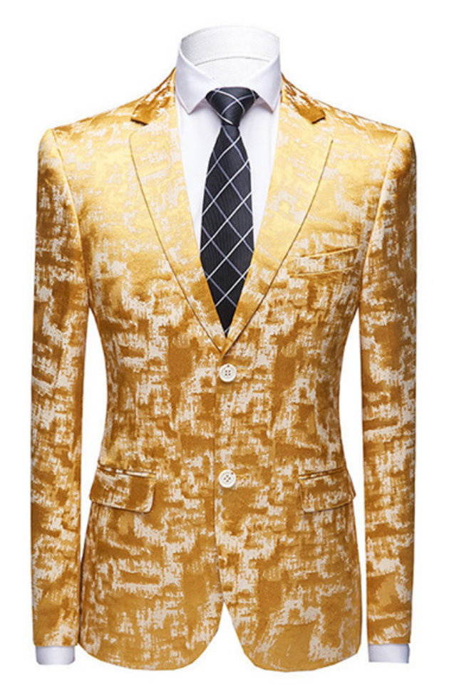 Handsome Bright Gold Notched Lapel with Printed Western Suits for Wedding
