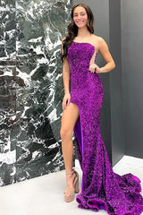 Long Purple Mermaid Prom Dress with Strapless Design and Front Split Adorned with Sequins