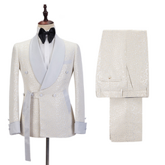 Chic Off-White Shawl-Lapel Slim-Fit Jacquard Wedding Suit for Men