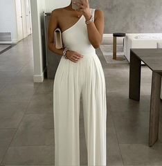 Elegant One-Shoulder White Wide-Leg Daily Women's Jump Suit