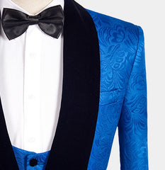 Royal Blue Slim Fit Wedding Suits Floral Jacquard Tuxedo (Jacket Vest Pants Shirt)